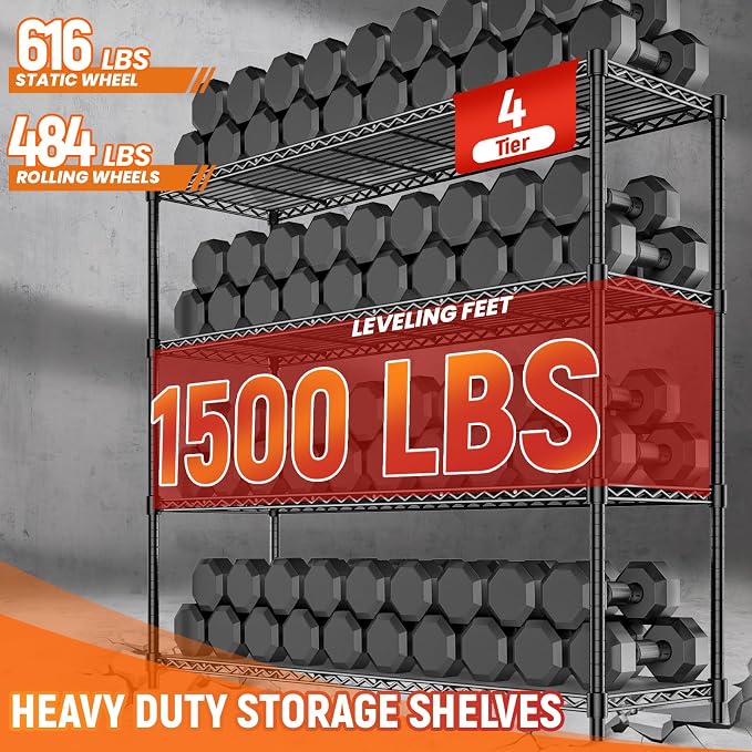 48" W Storage Shelves 1500LBS Metal Shelving Unit with Wheels, Adjustable Garage Shelving Heavy Duty Wire Rack with Liners for Pantry Warehouse Commercial Office, 48" W x 18" D x 76.77" H