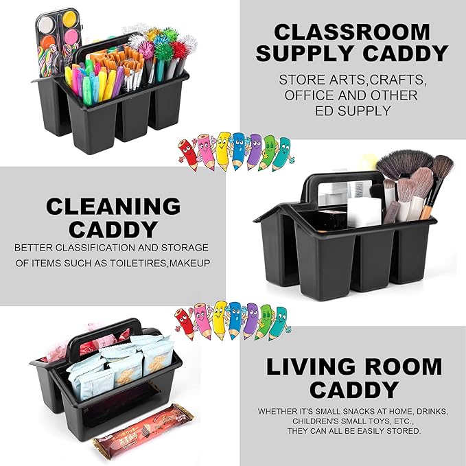 Plastic Caddy With Handle,Protable Classroom Craft Caddy, 6-pack Storage Caddy For Pencil,Pen,Craft Tools (Black)