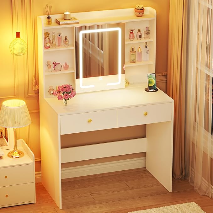 HUAHUU Vanity Desk with Mirror and Lights, 31" Makeup Vanity Desk with Lights 3 Colors, Small Vanity with 2 Storage Drawers & 6 Shelves for Girls Women Bedroom, White