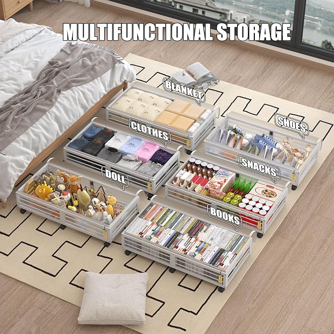 Underbed Storage with Wheels, 2 Pack Bamboo Containers for Shoes & Clothes | Dustproof bags protect contents. Stackable frames save space. 360° wheels provide smooth access to clothes, bedding and toys