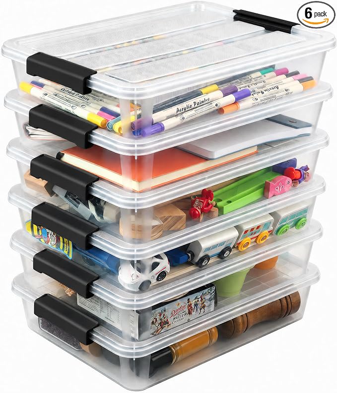 AREYZIN 6 Qt Clear Storage Bins with Lids,Stackable Plastic Storage Containers with Secure Latches,Multi-Purpose Classroom Storage Organizer for Craft Supplies,Paper & Office Stationery,6 Pack,Black