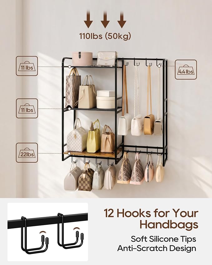Large Purse Organizer, 3-Tier Purse Rack, Wall Mount or Freestanding | Stores handbags, totes and purses with 12 hooks, Adjustable layout keeps bags visible, freestanding or wall mounted organizer