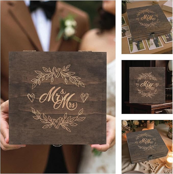 Mr and Mrs Wedding Memory Box- Wooden Keepsake Box with Lid for Couples, Rustic Storage Box for Cards, Photos & Mementos, Wedding Anniversary & Engagement Gift- 8.5 x 8 x 2.4 Inches