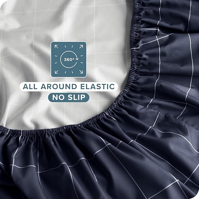 Bare Home Split King Sheet Set - Luxury 1800 Ultra- Soft Double Brushed Microfiber - Deep Pockets - Easy Fit - 5 Piece Bedding Sheet Set (Split King, Grid - Midnight/White)