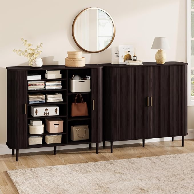 DHH Shoe Storage Cabinet with Sliding Door, 6-Tier Shoe Cabinet with Adjustable Shelves, Modern Freestanding Shoe Storage Organizer for Entryway, Hallway, Living Room (Dark Walnut, 47 ")