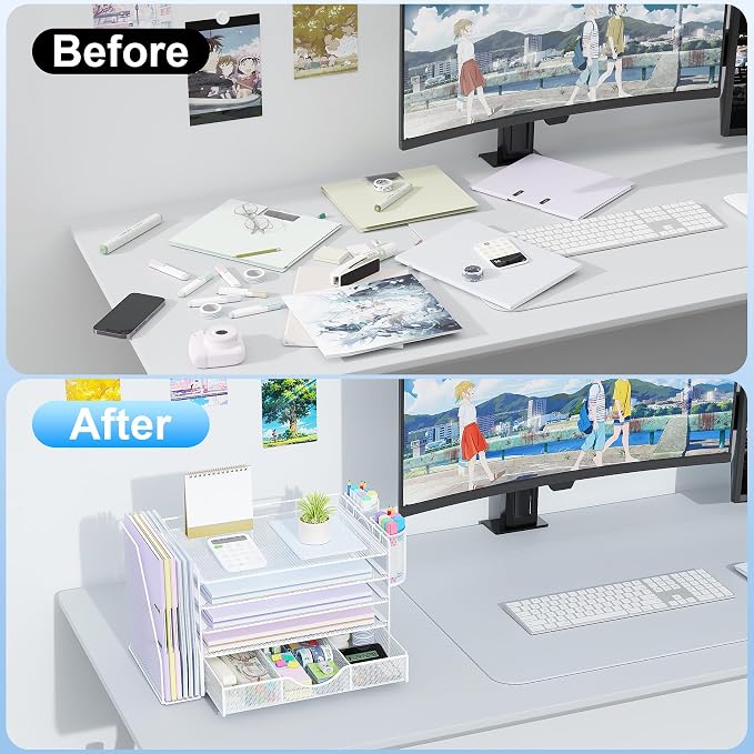 gianotter 5-Tier Desk Organizer with Drawers, File Holders, Letter Trays and Pen Holders - Workspace Accessories for Office Supplies (White)