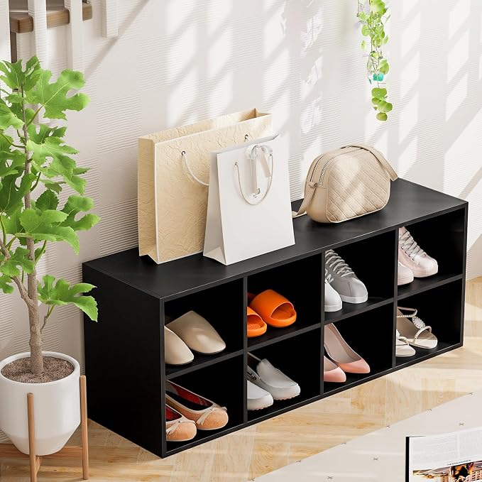 Tangkula 8 Cubbies Shoe Storage Bench, Shoe Organizer with 500 LBS Weight Capacity, Cubby Shoe Rack Storage Cabinet for Entryway, Hallway, Living Room and Bedroom (Black)