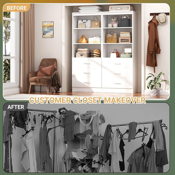 Aheaplus Closet Drawers Organizer System, 3.54FT Wood Closet System with 4 Drawers, Modular Walk-in Closets Storage Unit, Tall Bookshelf Storage Cabinet, White (2 Packs)