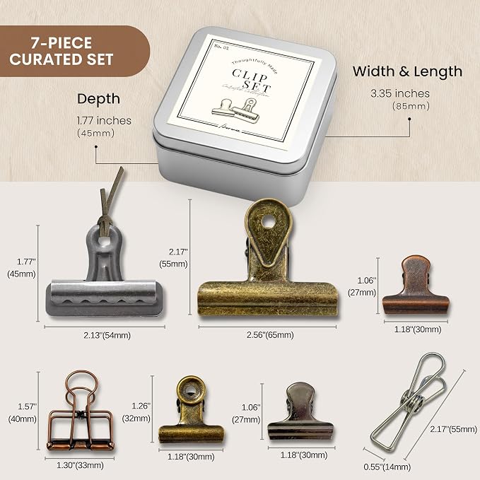 7PCS Vintage Metal Clip Set with Aluminum Box – Decorative Stationery Organizer for Journaling, Planner, Office Desk Organization, Scrapbooking, DIY Crafts & Gift Use