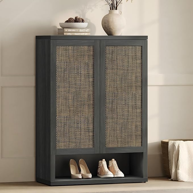 SICOTAS 31.2" Wide Rattan Shoe Storage Cabinet for Entryway with 2 Doors | Rattan Shoe Cabinets with Doors, Tall Shoe Storage Organizer and Display Cabinet for Entryways, Hallways, and Living Rooms