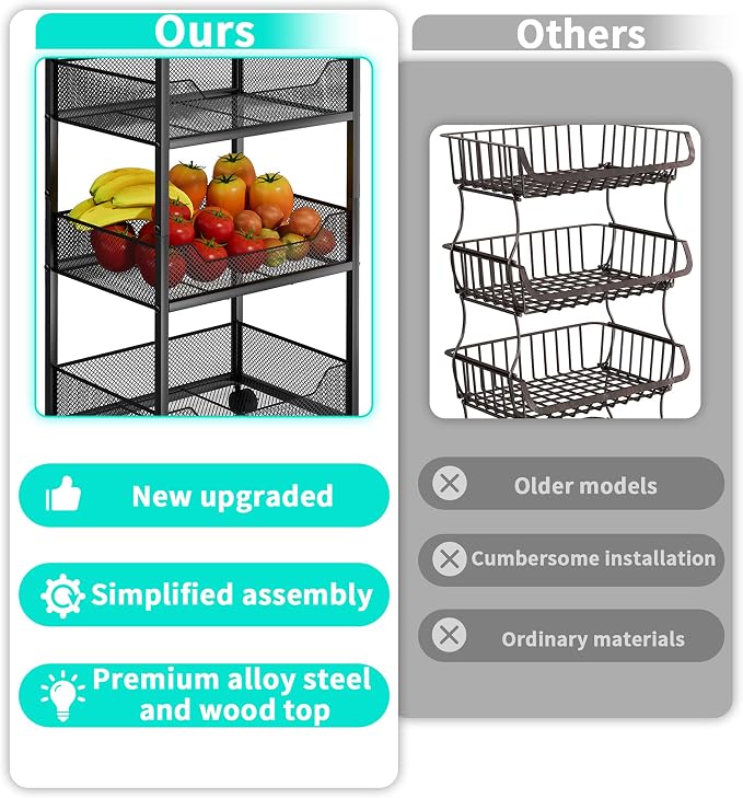 HapiRm Fruit Basket Kitchen Cart - 4-Tier Rolling Storage Cart with Wheels, Fruit Vegetable Basket with Wood Top, Pantry Utility Kitchen Organizer for Fruit Potato Onion Vegetable Bread Snack