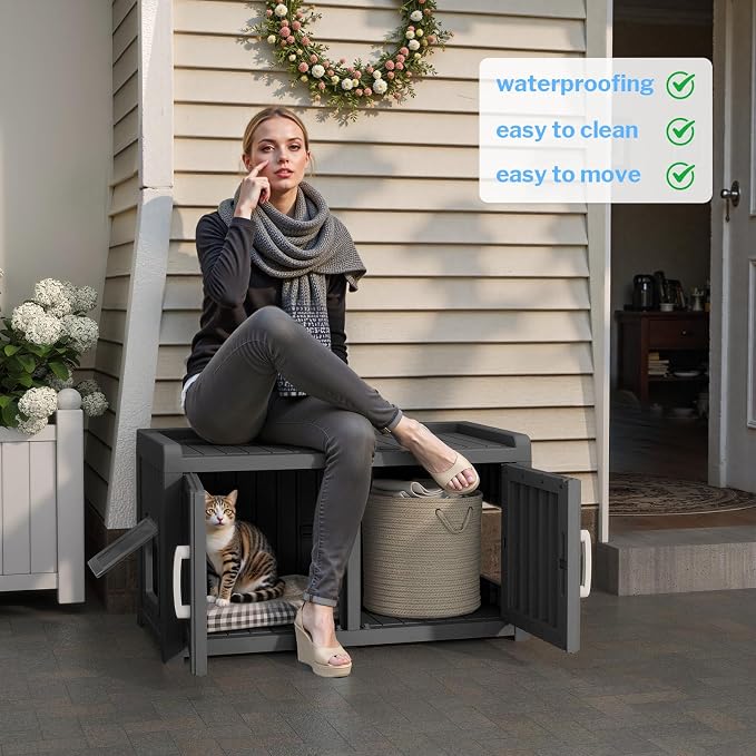 2 Doors Shoe Storage Bench - 2 Side Door Hidden Furniture Cabinet with Storage, Waterproof Entryway Bench with Seat for Indoor Outdoor, Outdoor Shoe Bench for Bedroom, Hallway, Black