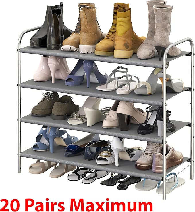 Simple Houseware 4-Tier Shoe Rack Storage Organizer, 12-20 Pair, Grey | Space-Saving Shoe Shelf with Sturdy Metal Frame and Non-Woven Fabric Shelves for Entryway, Garage & Corridor