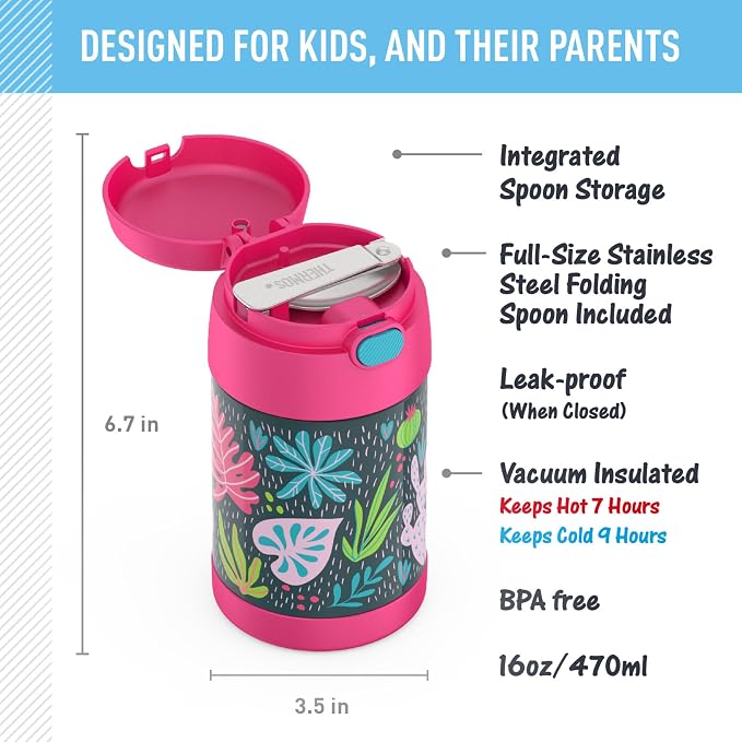 THERMOS FUNTAINER Insulated Food Jar – 16 Ounce, Tropical Foliage – Kid Friendly Food Jar with Foldable Spoon