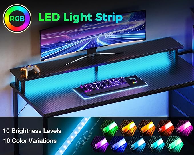 AODK Gaming Desk w/PC Showcase Stand, 59" Reversible, RGB LED, Black | Elevated stand fits Lian Li O11, Hyte Y60. Triple drawers hide cables, controllers, clutter.Your build deserves to be seen.
