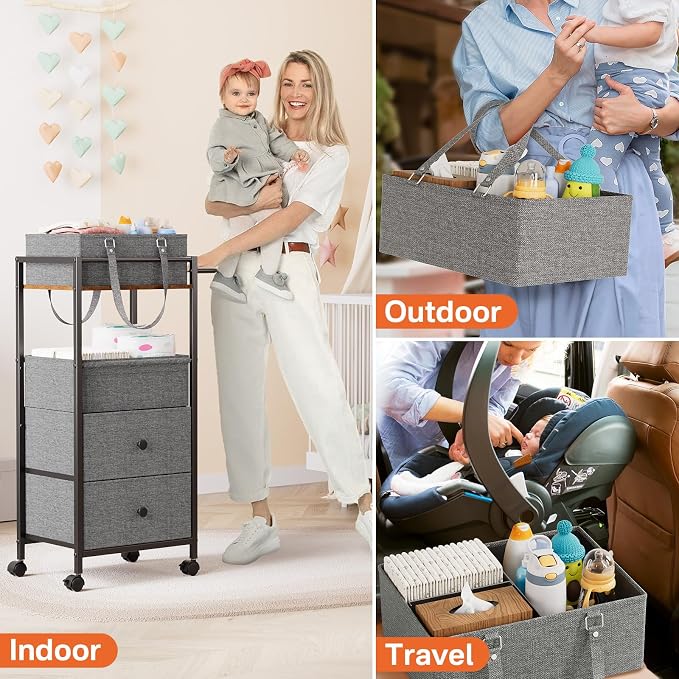 Modanais Baby Diaper Caddy Organizer Cart with Drawers - 3In1 Rolling Storage Cart with Wheels, Removable Diaper Caddy, Detachable Dividers - for Crib, Bedroom, Art & Craft Organizer (Black)