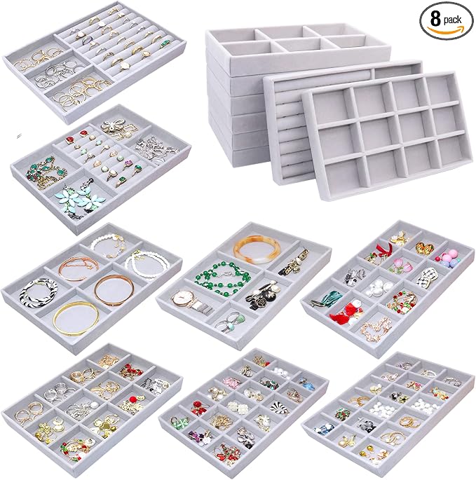 Set of 8 Stackable Jewelry Organizer X-Large Velvet Jewellry Trays Jewelryy Drawer Inserts, Earring Ring Brooch Necklace Bracelet Watch Display Plate with Removable Dividers