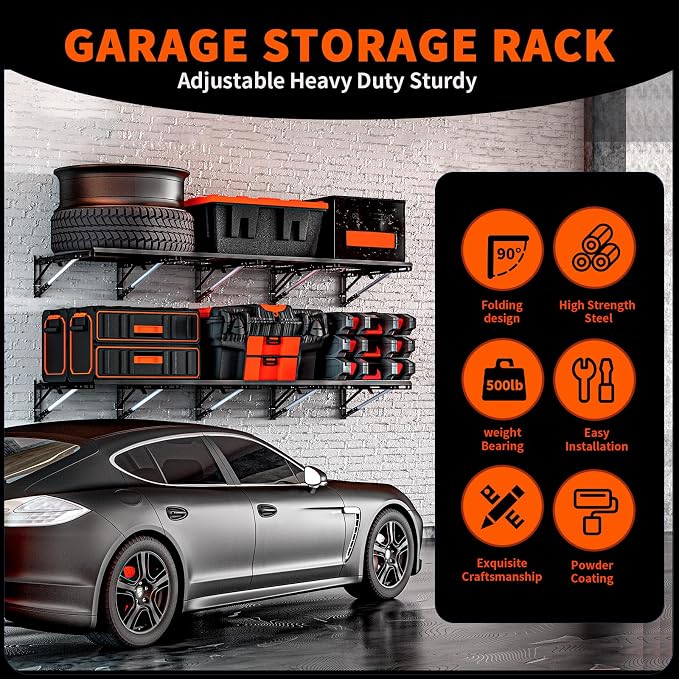 Heavy Duty Foldable Garage Storage Shelves Wall Mounted Metal Rack Unit Organizer with Removable Edge Barriers, Adjustable System for Corner Wall Use, 69.96 Inch Long 24.45 Inch Large