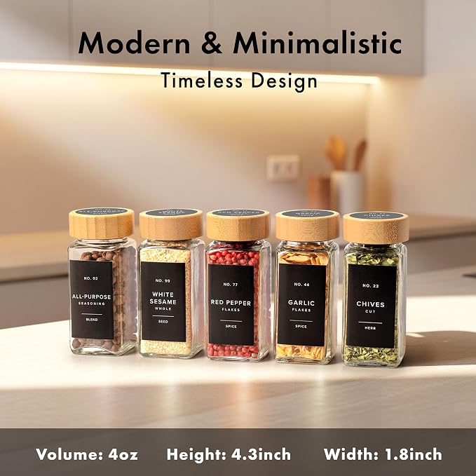 EDELHAUS Glass Spice Jars with Label, 24x Bamboo Wooden Lids - Black Labels | Airtight Lids keep spices fresh, Kitchen Spice Drawer Organizer, 4oz Seasoning Containers incl. Funnel, Brush & 240 Labels
