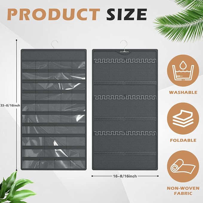 Hanging Jewelry Organizer, Double-Sided Necklaces Holder, Dark Gray | 42 clear pockets organize rings & earrings; 36 wire necklace hooks reduce tangles; top hook hangs in closets, walls or doors.