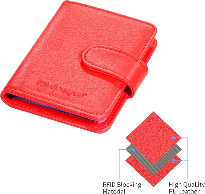 Wisdompro Slim PU Leather Credit Card Holder, Vertical Red | RFID Blocking Wallet Debit Card Protector, Organizer Case, Card Case, 20 Card & 7 Memory Card Slots, with Magnetic Closure