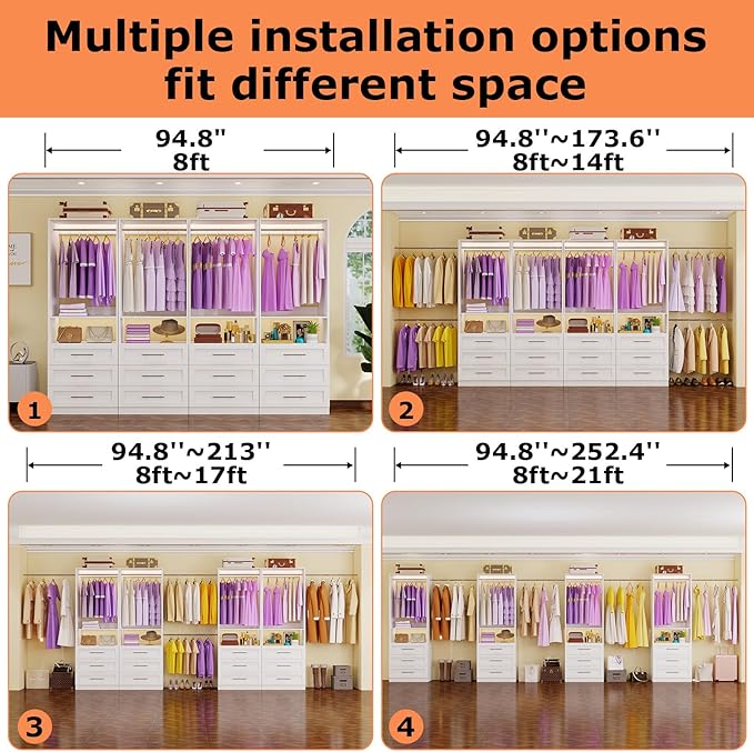 Closet System Set of 4, Closet System with 12 Drawers, 8 Rods & 4 Shelves, 8-21FT Walk in Modular Closet Organizer System, DIY Custom Built in Wood L Shape Closet Organizer Kit, White