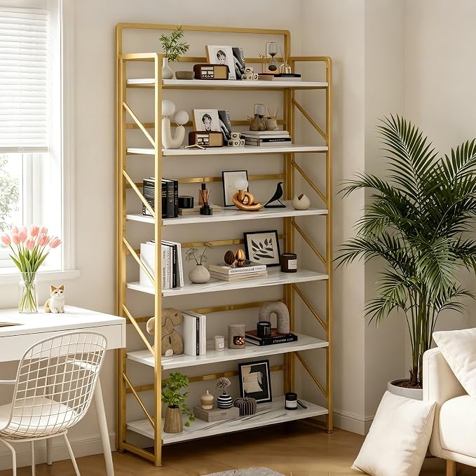 JSB 6 Tier No Assembly Folding Bookshelf, 30.3" Wide Foldable Storage Bookcase for Home Office, Space-Saving Storage Shelf for Living Room (White&Gold)