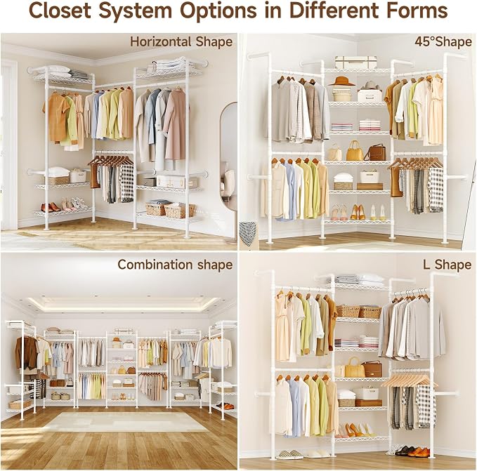 L3 Wall Mounted Metal Pipe Closet System Heavy Duty Corner Garment Rack | Max Load 950LBS with 4 Telescopic Rods & 6 Wire Shelves Black Industrial Modular Clothing Clothes Rack Wardrobe Closet