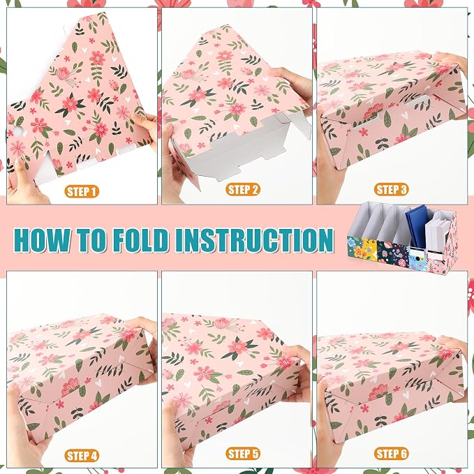PerKoop 12 Pcs Decorative Magazine File Holders Floral Foldable File Folders Magazine Storage Boxes Rack Desk Organizer Documents with Printable Labels for School Office Home (Flower Design)