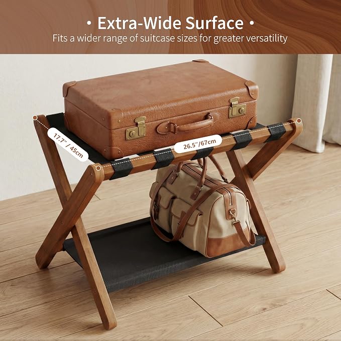 Heybly Luggage Rack for Guest Room, Folding Luggage Stand & Suitcase Holder, Suitcase Stand, Heavy Duty Wooden Luggage Rack with Double Shelf for Hotel & Bedroom, 5 Heavy Duty Straps, Walnut HLR012WB1