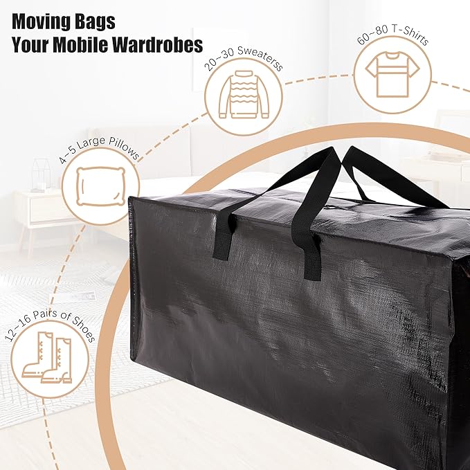 NATURELUX Heavy Duty Moving Bags with Backpack Straps and Strong Handles, Alternative to Moving Boxes and Storage Totes for Dorm Room Essentials, 6 Pack, Black