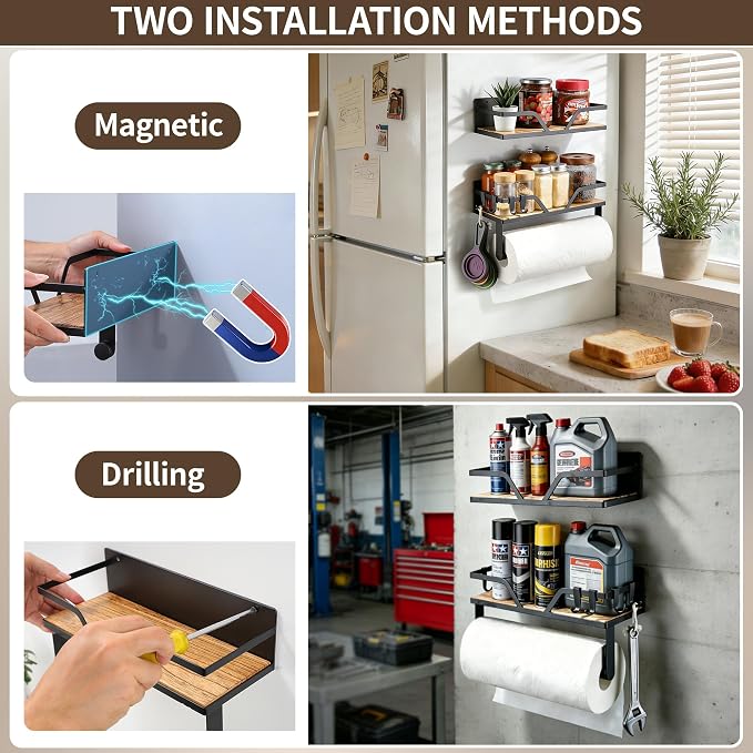 Magnetic Paper Towel Holder with Shelf - 2 Pack Strong Magnetic Spice Rack for Refrigerator Fridge RV(Wall Mount or Magnet)