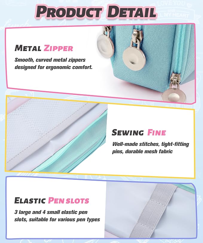 FAHZON Cute Pencil Case, 3 Large Compartments Pencil Pouch, Elastic Pen Slots&Mesh Pockets for Stationery, Pencil Bag for School Supplies with Zipper for Girls Boy Women Teens Adults-Blue