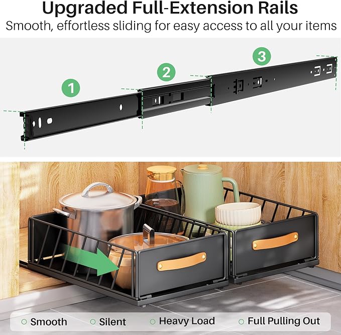 Pull out Cabinet Organizer,Heavy Duty Slide out Pantry Shelves Drawer Storage with Adhesive Nano Film,Sliding Mesh Cabinet Basket with Handle for Kitchen, Bathroom, Home, 15.8"W X 21"D X6.2"H,Black