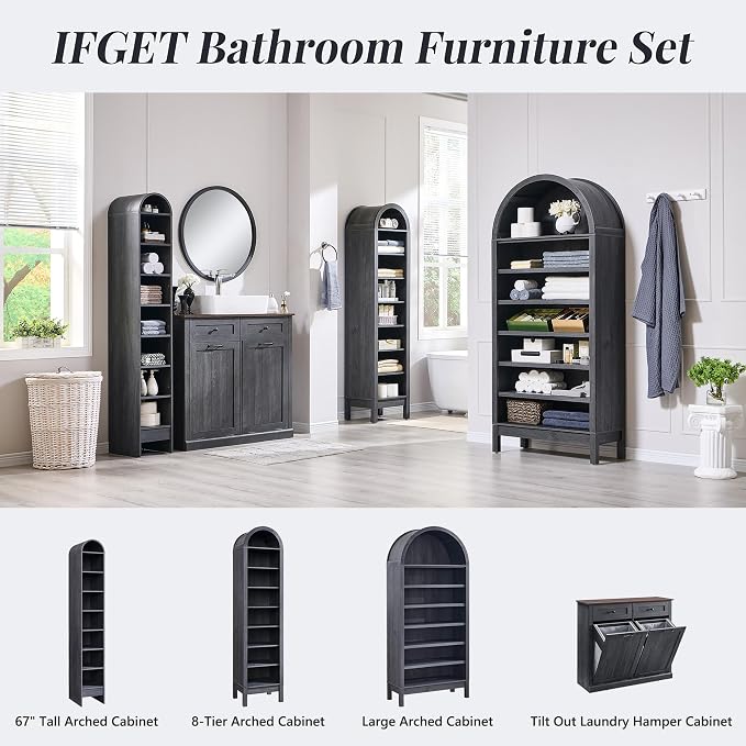 IFGET 71" Tall Arched Shoe Storage Cabinet, 8 Tiers 16 Pairs Wooden Shoe Rack with 3 Adjustable Shelves, Freestanding Shoe Closet Shelf Organizer for Entryway, Hallway, Living Room (Dark Grey)
