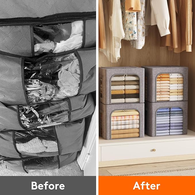 Lifewit Clothes Storage Bins with Metal Frame, Stackable Storage Box, Foldable Clothing Storage Bins with Lids, 40L Storage Bags Fabric Box Organizer with Clear Window＆ Zippers＆ Sturdy Handles 12 Pack