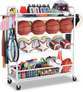 EXTCCT Garage Sports Equipment Organizer - Rolling Ball Storage Bin with Wheels, Garage Sports Gear Rack Outdoor Basketball Racks for Balls with Baseball Bat Holder and Hooks, Toy Organizer(White)