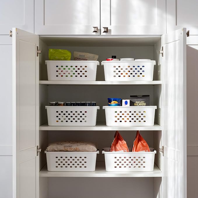 IRIS USA 6-Pack, Small Plastic Storage Basket, White | Organize pantry items, office supplies, crafts, accessories, and household essentials with easy-carry storage for shelves