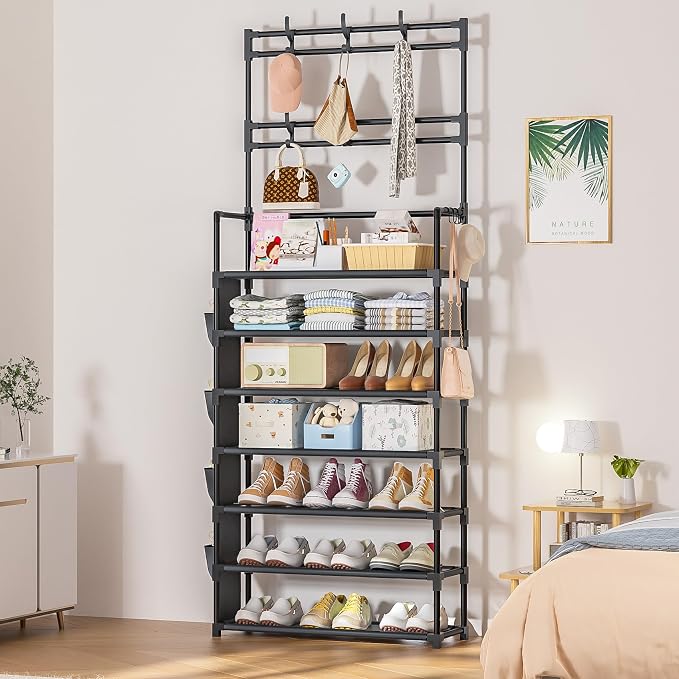 OYREL Shoe Rack 7 Tier Shoe Organizer Storage 21-28 Pairs | Closet Shoes Rack for Front Door Entrance Shoe Rack Organizer with Hooks Side Pocket Entryway Large Capacity Shoe Shelf Tower