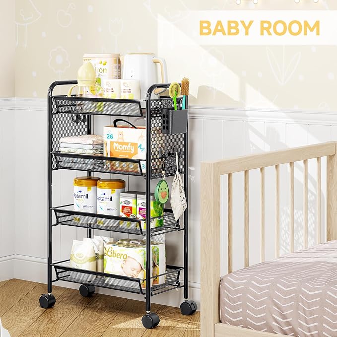 4 Tier Metal Rolling Utility Cart - Heavy Duty Storage Trolley with Pegboard, 4 Hooks & 1 Bin, Mobile Organizer Shelves for Bathroom Kitchen Office Craft Room Laundry, Black