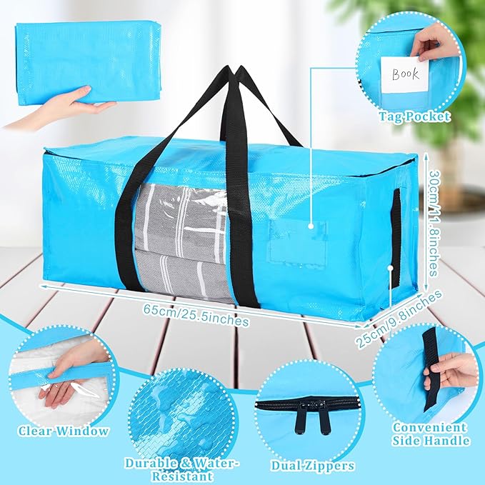 6 Pack Heavy Duty Extra Large Dorm Moving Bags with Visible Window and Reinforced Handles Heavy Duty Storage Tote for Space Saving Moving Supplies Clothes College Students(Pink Purple Blue)