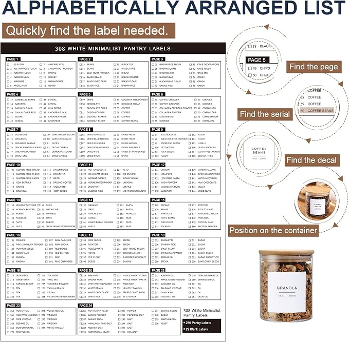 308 Kitchen Pantry Labels for Food Containers, 3 Sizes White Minimalist Labels for Organizing, Food Label for Jars, Storage Bins, Preprinted Waterproof Pantry Label for Containers