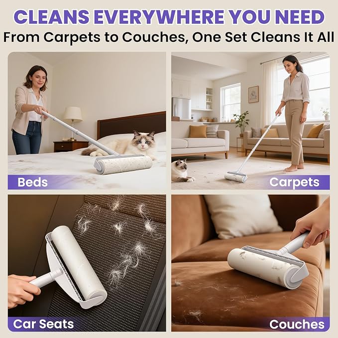 DELOMO 9.45” Large Lint Roller for Pet Hair, Long & Short Handles, 2 Packs | 360 Extra Sticky Sheets Total, Long Handle for No-Bend Cleaning Floors & Carpets, Short Handle for Couches & Furniture