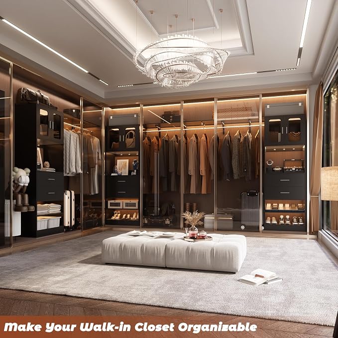 5FT Closet System with Doors and Wooden Drawers, 60'' Reversible Closet Organizer System with Big Wing Shelf and Hanging Rod, 80'' Tall Walk in Wardrobe Closet System with Shelves & Hooks, Black