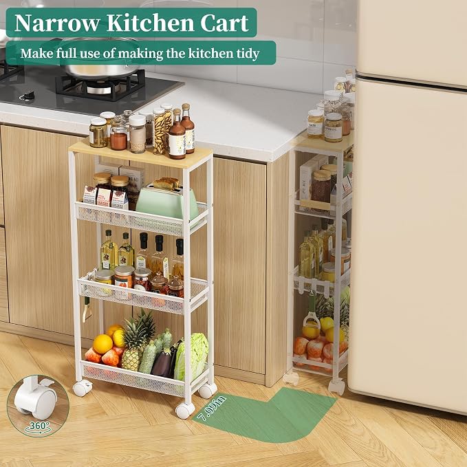 TIPGO Utility Slim Storage Cart, 4 Tier Rolling Cart with Wheels, Narrow Storage Cabinet for Bathroom, Laundry Shelves for Room Organization, Small Organizer for Kitchen, Office and Dorm (White)