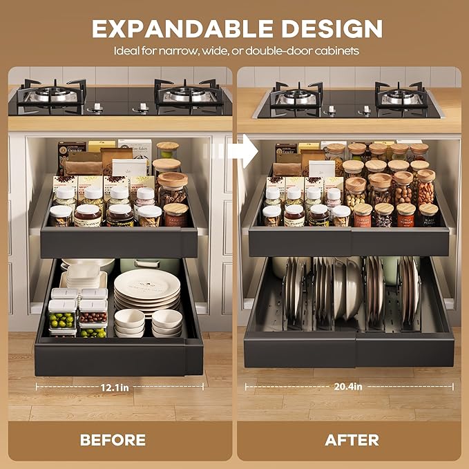 Seinloes 4 Pack Pull out Cabinet Organizer 21"Deep with Raising Pad for Framed Cabinets, Expandable Slide out Drawers for Kitchen Cabinets with 4pcs Divider Racks, Roll out Shelves 12.1"-20.4" W Black