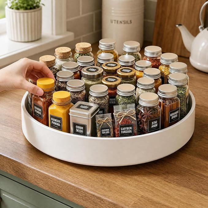 CTIME 11.8 in Lazy Susan Turntable, High Fence, Pantry or Cabinet Organizer for Spices, Condiments, and Bottles, White Plastic