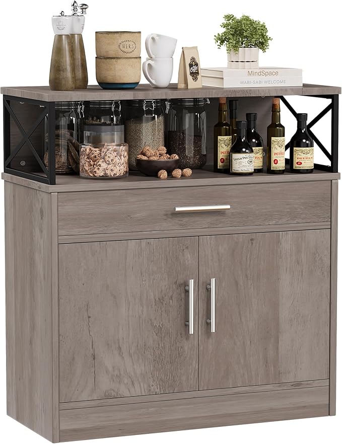 Meilocar Buffet Cabinet, Coffee Bar Cabinet, Sideboard with Storage and Drawer, Farmhouse Storage Cabinets, Wooden Kitchen Cabinets for Living Room, Hallway, Ivory
