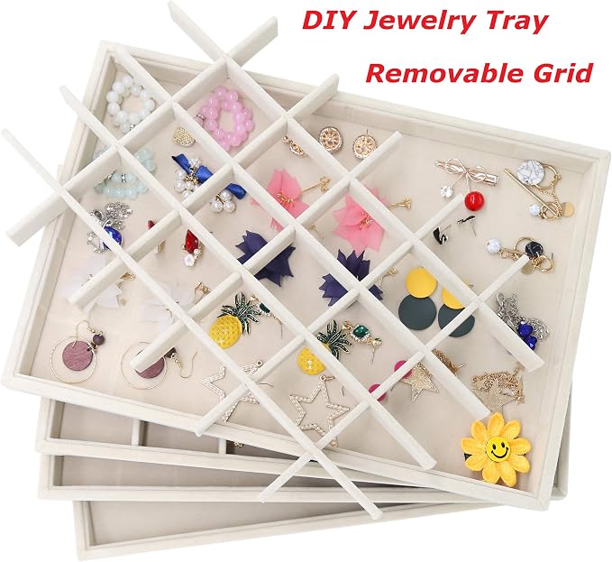 Stratalife 30 Grid Jewelry Organizer Tray, Stackable Drawer Earring Organizer with Adjustable Dividers, Jewelry Display Tray for Necklace Earring Ring Bracelet, 13.8" x 9.4" x 1.2", Beige