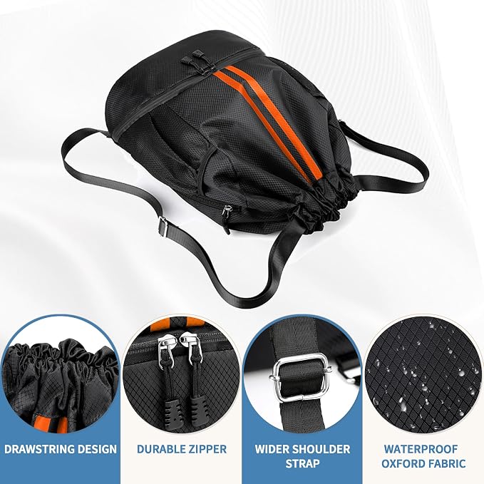 JELUTAR Drawstring Backpack Gym Bag with Shoes Pocket, Black Orange | Water-Resistant String Backpack for Soccer, Basketball, Swim, Beach Cinch for Women Men, 22 L Large Capacity, Wet Pocket